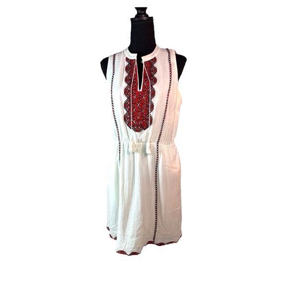 Madewell Embroidered sleeveless White Dress with Red Accents Size 10 - Picture 1 of 10